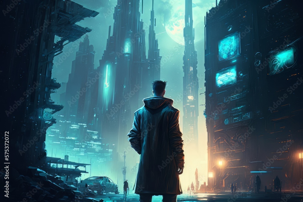 Naklejka premium A man walks in a futurist cybercity. AI, virtual reality, Futuristic modern city concept. Generative AI Technology