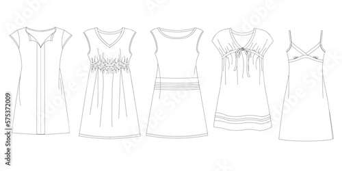Woman dresses, shirts and tunics technical drawing, template, sketch, flat, mock up. Jersey or woven fabric dress front view, white color