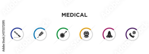 medical filled icons with infographic template. glyph icons such as scalpel, ointment, male, scan, e, emergency call vector.