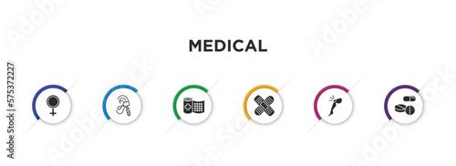 medical filled icons with infographic template. glyph icons such as female, otoscope, bandage, plaster, knee, pill vector.