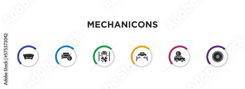 mechanicons filled icons with infographic template. glyph icons such as glass wiper, car sale in euros, repairing car, car on an elevator, with euro, cart wheel vector.