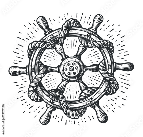 Drawing of vintage wooden steering wheel with rope. Ship helm sketch. Sea adventure, cruise concept. Vector illustration