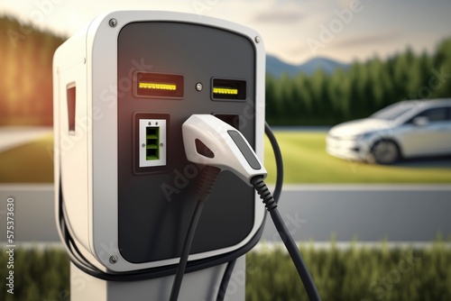 New energy vehicles are charging and charging piles in the forest. AI technology generated image