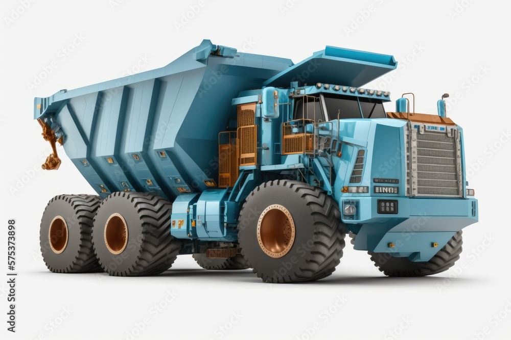 The mine's huge haul truck is primed and ready for action. Placed against a white background. See the scene from the front. Generative AI