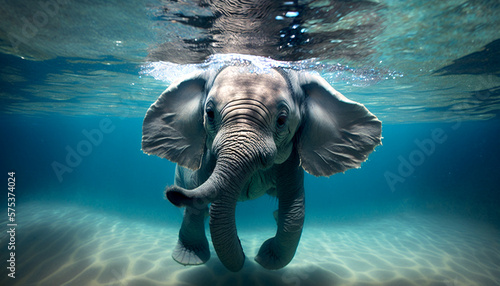 kleiner Elefant unter Wasser, badend, generative AI © Jenny Sturm