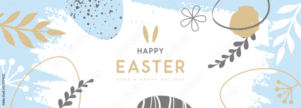 Happy Easter eggs with floral decorative elements and rabbit ears. Flat style. Modern Easter background. Greeting card or poster. Vector illustration
