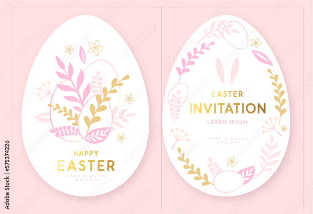 Happy Easter eggs with floral decorative elements and rabbit ears. Invitation design. Flat style. Modern Easter background. Greeting card or poster. Vector illustration Happy Easter eggs with floral decorative elements and rabbit ears. Invitation design. Flat style. Modern Easter background. Greeting card or poster. Vector illustration