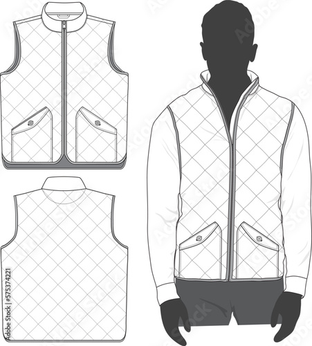 Men's Zip up Quilted vest flat model sketch fashion design mock-up template