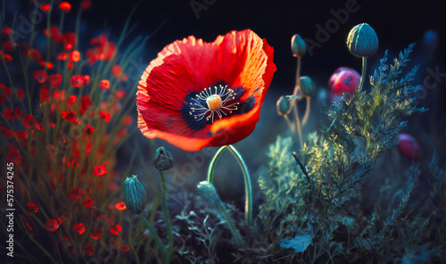 A vibrant red poppy in a sea of wildflowers