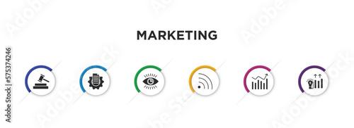 marketing filled icons with infographic template. glyph icons such as bid, content management, business eye, rss, performance, demand vector.