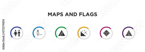 maps and flags filled icons with infographic template. glyph icons such as toilets, rail crossing, right reverse curve, mining work zone, t road intersection, land slide vector.