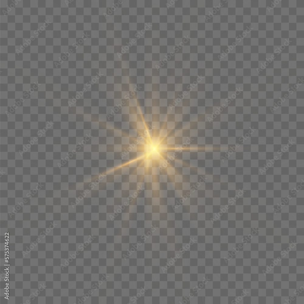Yellow glowing light explodes on a transparent background. Bright Star ...