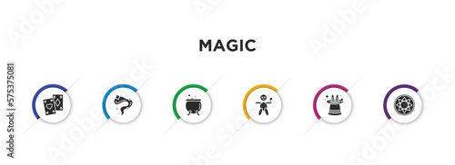 magic filled icons with infographic template. glyph icons such as playing cards, smoke, cauldron, voodoo doll, magic trick, astral vector.