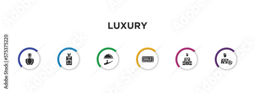 luxury filled icons with infographic template. glyph icons such as fragrance, vip pass, serving, gold bar, rich man, rich people vector.