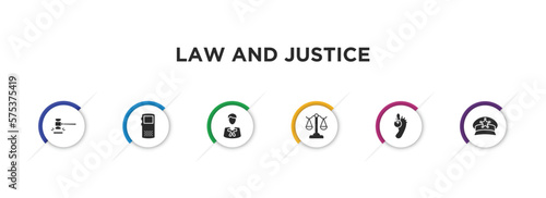 law and justice filled icons with infographic template. glyph icons such as case closed, recorder, advocate, adminstrative law, corpse, police cap vector.