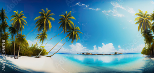 seascape with palm trees front sea beach and lagoon beach, tropical nature. Exotic tourism destination banner, summer vacation AI generative 
