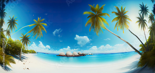 Aerial paradise scenery. Tropical aerial landscape  seascape with palm leaves shadows amazing sea and lagoon beach  tropical nature. Exotic tourism destination banner  summer vacation AI generative   