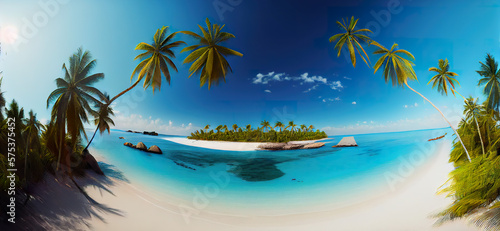 Aerial paradise scenery. Tropical aerial landscape, seascape with palm leaves shadows amazing sea and lagoon beach, tropical nature. Exotic tourism destination banner, summer vacation AI generative 