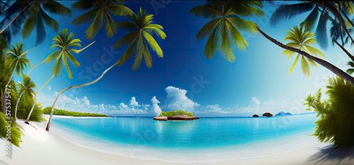 Sandy tropical beach with palm trees with island on background generative ai 