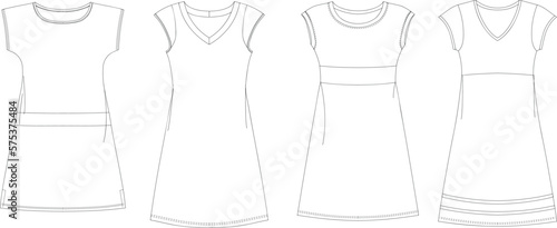 Woman dresses, shirts and tunics technical drawing, template, sketch, flat, mock up. Jersey or woven fabric dress front view, white color