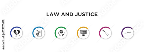 law and justice filled icons with infographic template. glyph icons such as divorce, documents, qualified protection, criminal database, butterfly knife, shotgun vector.