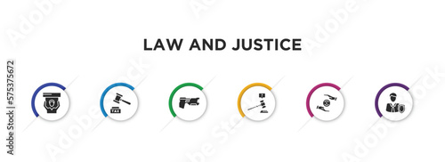 law and justice filled icons with infographic template. glyph icons such as civil rights, tax law, electroshock weapon, ask a lawyer, property and finance, custody vector.