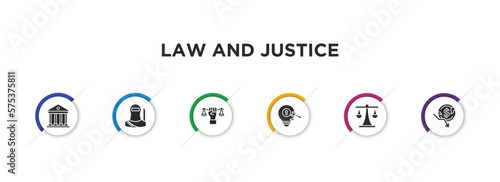 law and justice filled icons with infographic template. glyph icons such as court, , roman law, intellectual property, justice scale, bankruptcy vector.