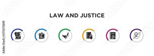 law and justice filled icons with infographic template. glyph icons such as wills and trusts, real estate law, murder, law and justice, constitutional environmental vector. photo