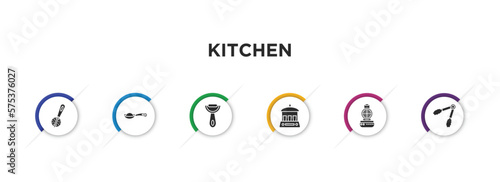 kitchen filled icons with infographic template. glyph icons such as tea infuser, teaspoon, vegetable peeler, yogurt maker, waffle iron, tongs vector.