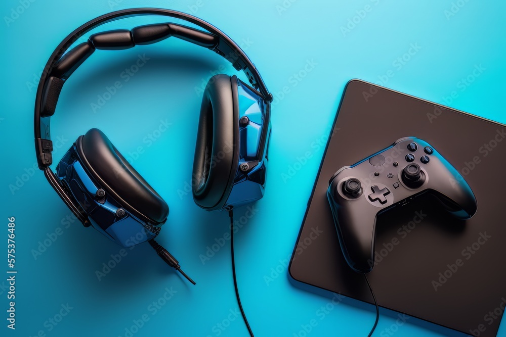 Standard joystick with headphones and games controller. Gaming Industry, blu background. Generative AI Technology Standard joystick with headphones and games controller. Gaming Industry, blu background. Generative AI Technology