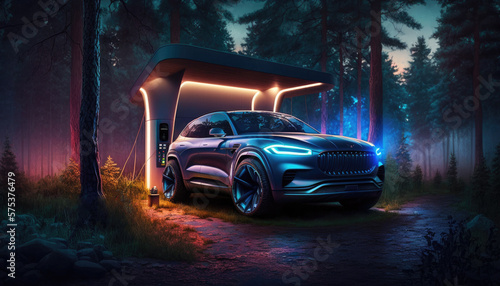 Electric SUV concept car charging at futuristic ev charging station in forest at night. Generative ai.
