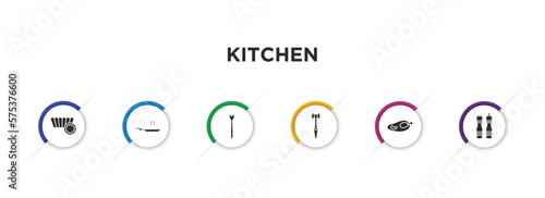 kitchen filled icons with infographic template. glyph icons such as mould, pan, fork, meat tenderizer, broiler, salt and pepper vector.