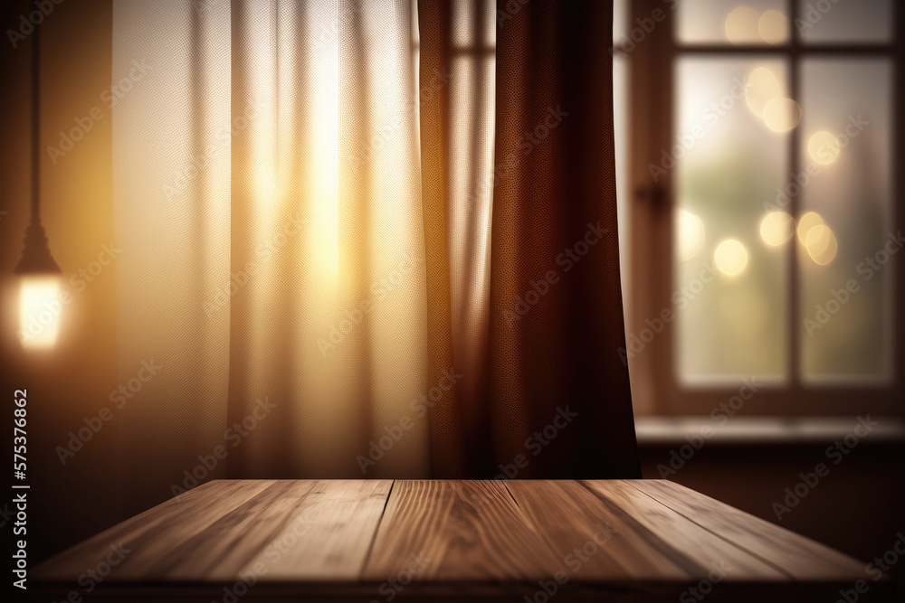 Empty of wood table top on blur of curtain window glass with sunlight background. Generative AI Empty of wood table top on blur of curtain window glass with sunlight background. Generative AI
