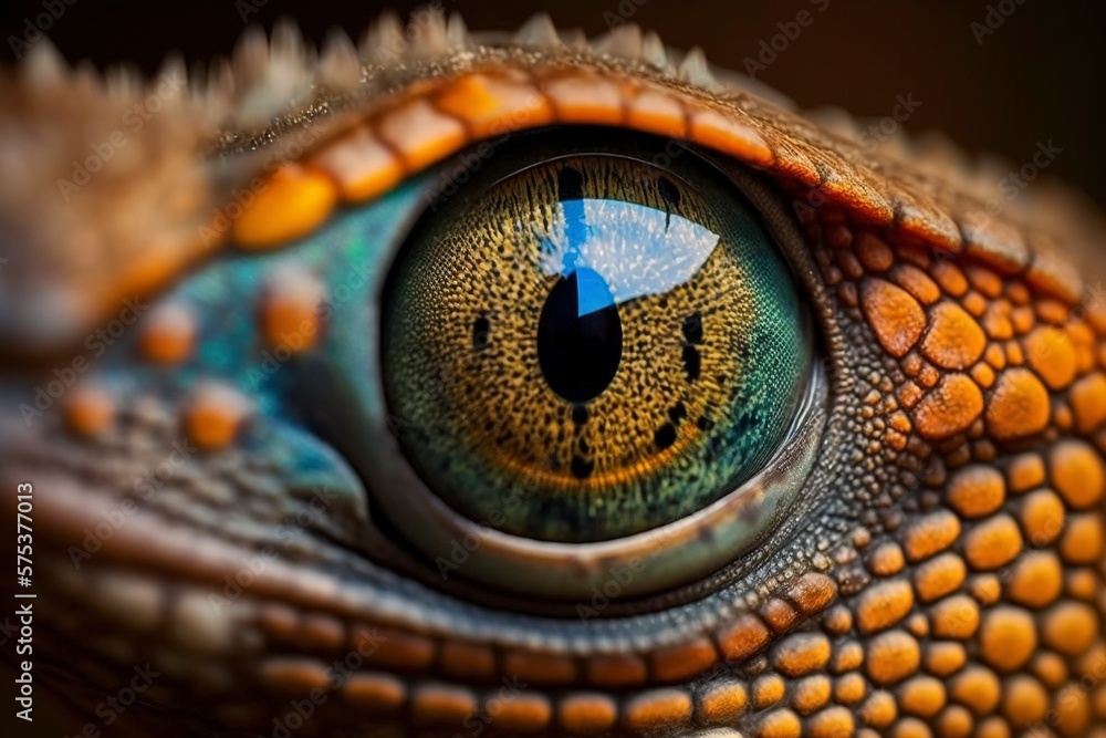 Macro close-up of lizard's eyes and pupils. AI technology generated image
