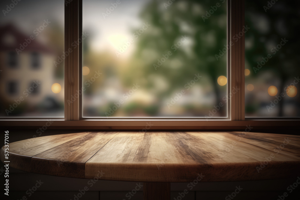 Empty of wood table top on blur of curtain window glass with sunlight background. Generative AI - obrazy, fototapety, plakaty 