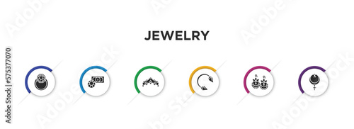 jewelry filled icons with infographic template. glyph icons such as jewelry, pawn shop, tiara, piercing, earring, anj vector.