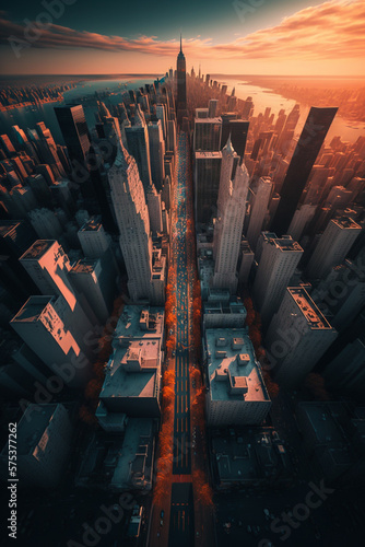 New york city, USA, drone photography top view of skyscrapers and buildings, generative ai.