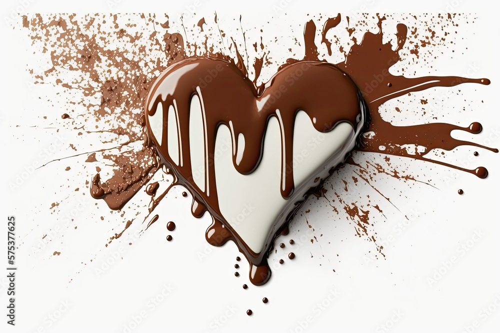 Love of chocolate symbolized by a chocolate heart splashed on a white background Don't forget the clipping path!. Generative AI Love of chocolate symbolized by a chocolate heart splashed on a white background Don't forget the clipping path!. Generative AI
