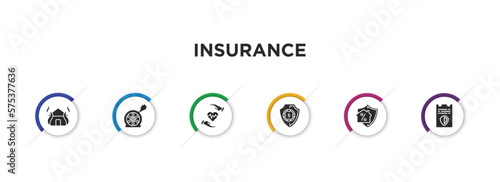 insurance filled icons with infographic template. glyph icons such as fire insurance, puncture in a wheel, life insurance, deposit mortgage, license vector.