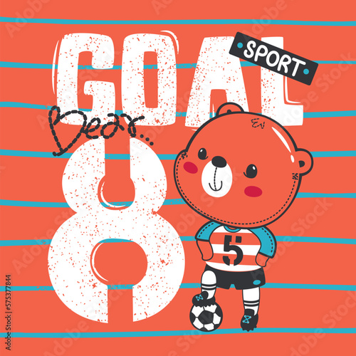 Cute teddy bear soccer stepping the ball with sport graphic design on striped background illustration vector, for t-shirt print.