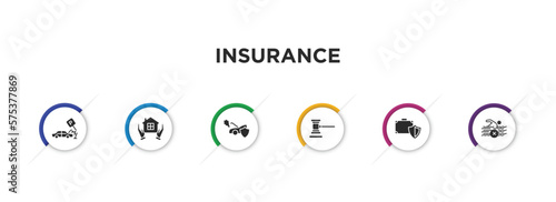 insurance filled icons with infographic template. glyph icons such as parking crash, real estate insurance, engine problems, legal expenses, luggage insurance, risk pool vector.