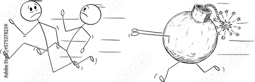 Bomb Chasing People Running Away , Vector Cartoon Stick Figure Illustration