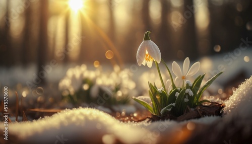 The snowdrop flowers (Galanthus nivalis) breaks out from under the snow in the spring forest. Dawn, sunset. Thaw, the onset of spring, the warm season. Snowdrop day holiday April 19 concept.
