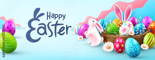 Easter poster and banner template with Cute Bunny and Easter eggs in the nest. Greetings and presents for Easter Day .Promotion and shopping template for Easter