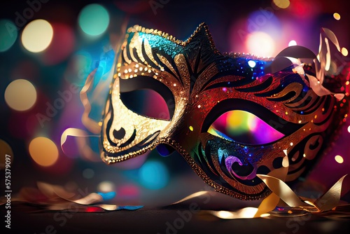 Generative AI illustration of the vibrant energy and excitement of Brazilian Carnival, Venetian Carnival mask and confetti with abstract defocused bokeh lights and shiny streamers