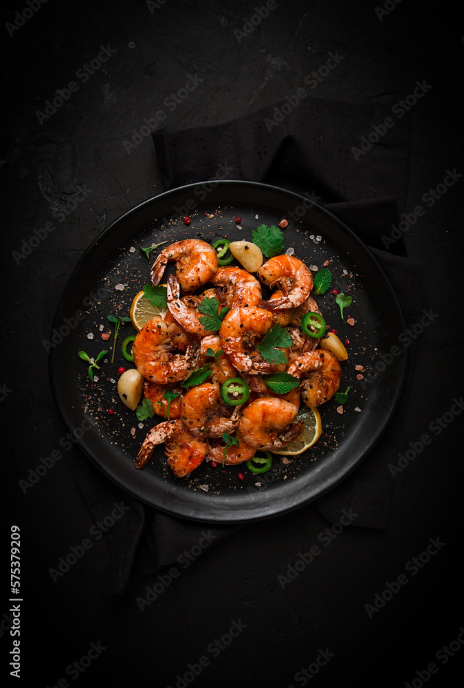 Fried shrimp, headless, with spices, grilled, homemade, no people, Fried shrimp, headless, with spices, grilled, homemade, no people,