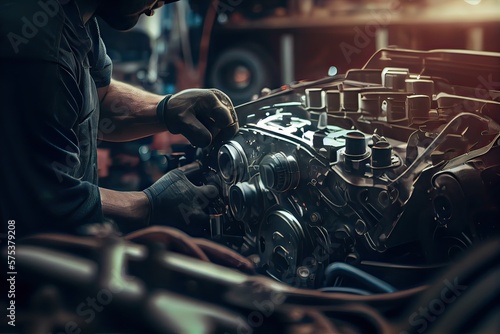 Generative AI illustration of the expertise and professionalism of a mechanic as he works on repairing the engine of a car in a well-equipped garage