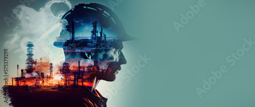 Generative AI illustration of a double exposure worker head, an oil, gas, and petrochemical refinery facility demonstrates the future of electricity and the engineer