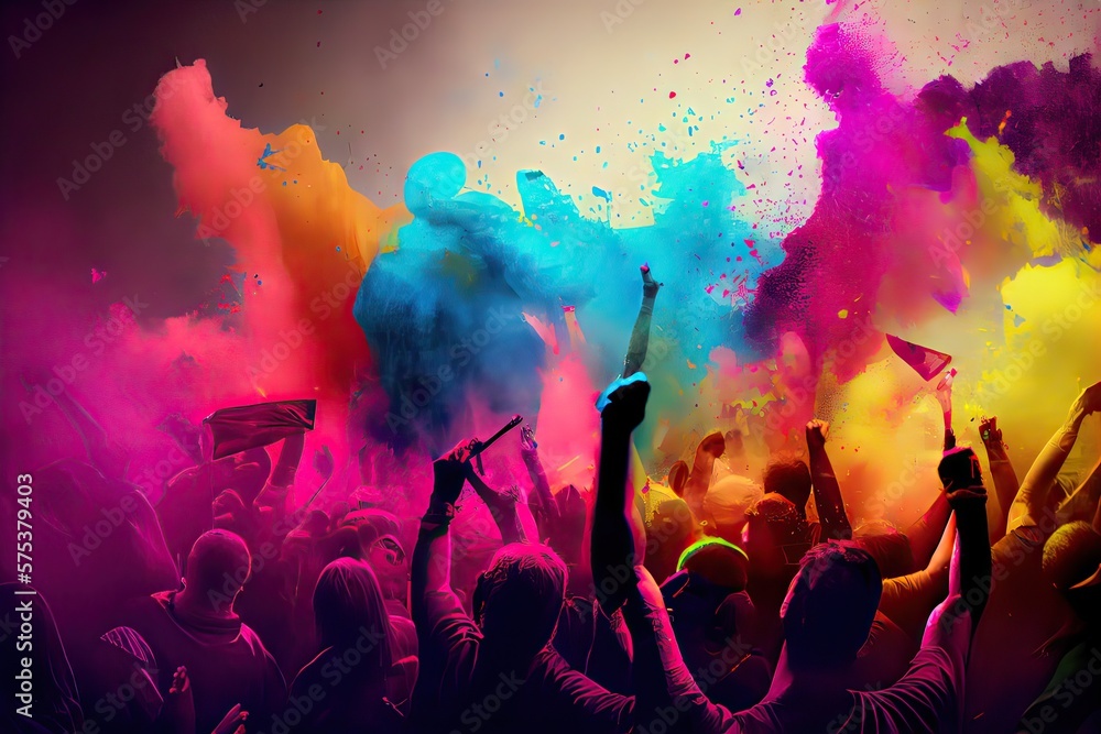 Generative AI illustration of crowd of fans at concert, Dance, sing, and splatter colored water and paint all over the place to celebrate the festival of colors Generative AI illustration of crowd of fans at concert, Dance, sing, and splatter colored water and paint all over the place to celebrate the festival of colors