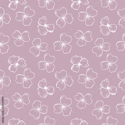 Delicate seamless repeating pattern with violet on a light lilac background, floral motif. Hand drawn leaves in a pattern for design, textile, wrapping paper and packaging design